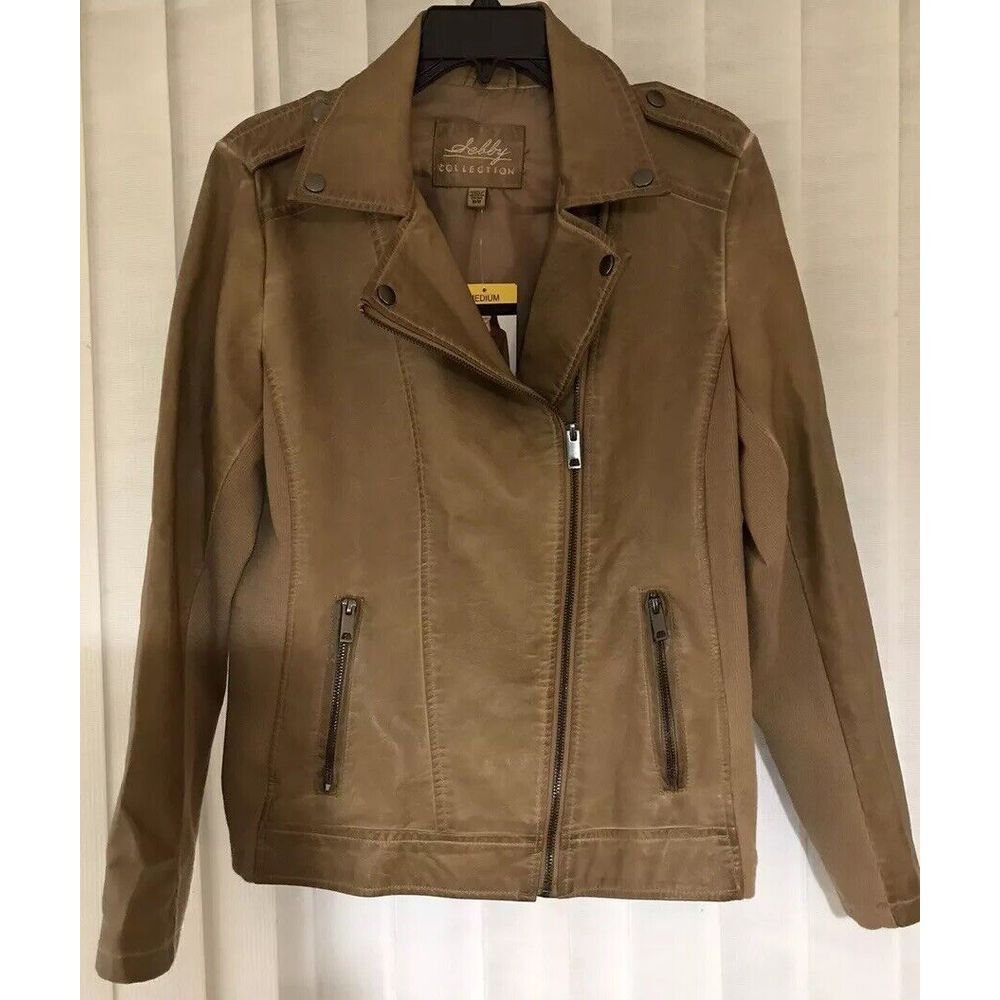 NWT SEBBY COLLECTION Women's Brown Toffee Faux Leather Jacket Medium Collar Coat